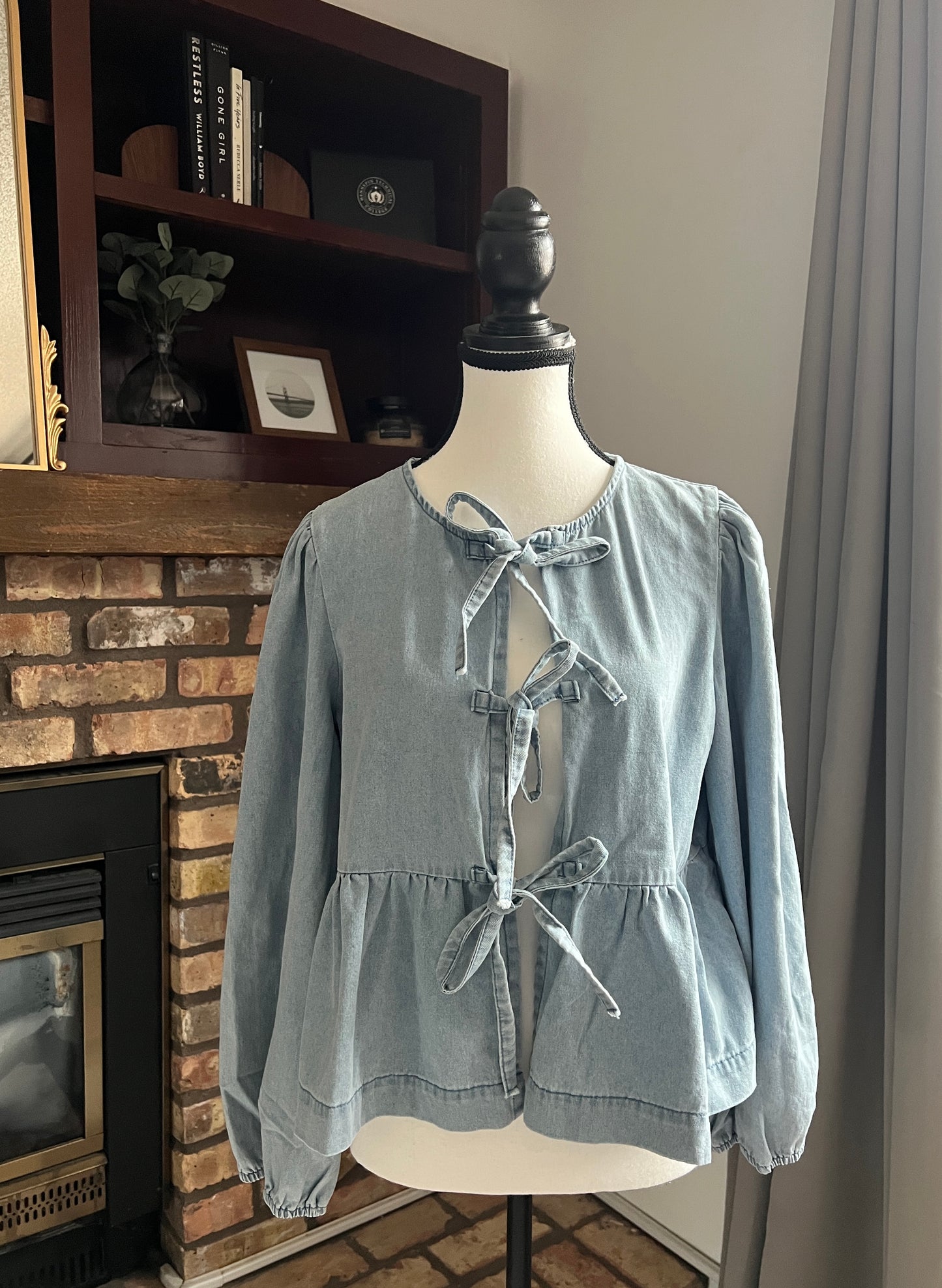 Bailey Light Wash Tie Front Peplum Blouse