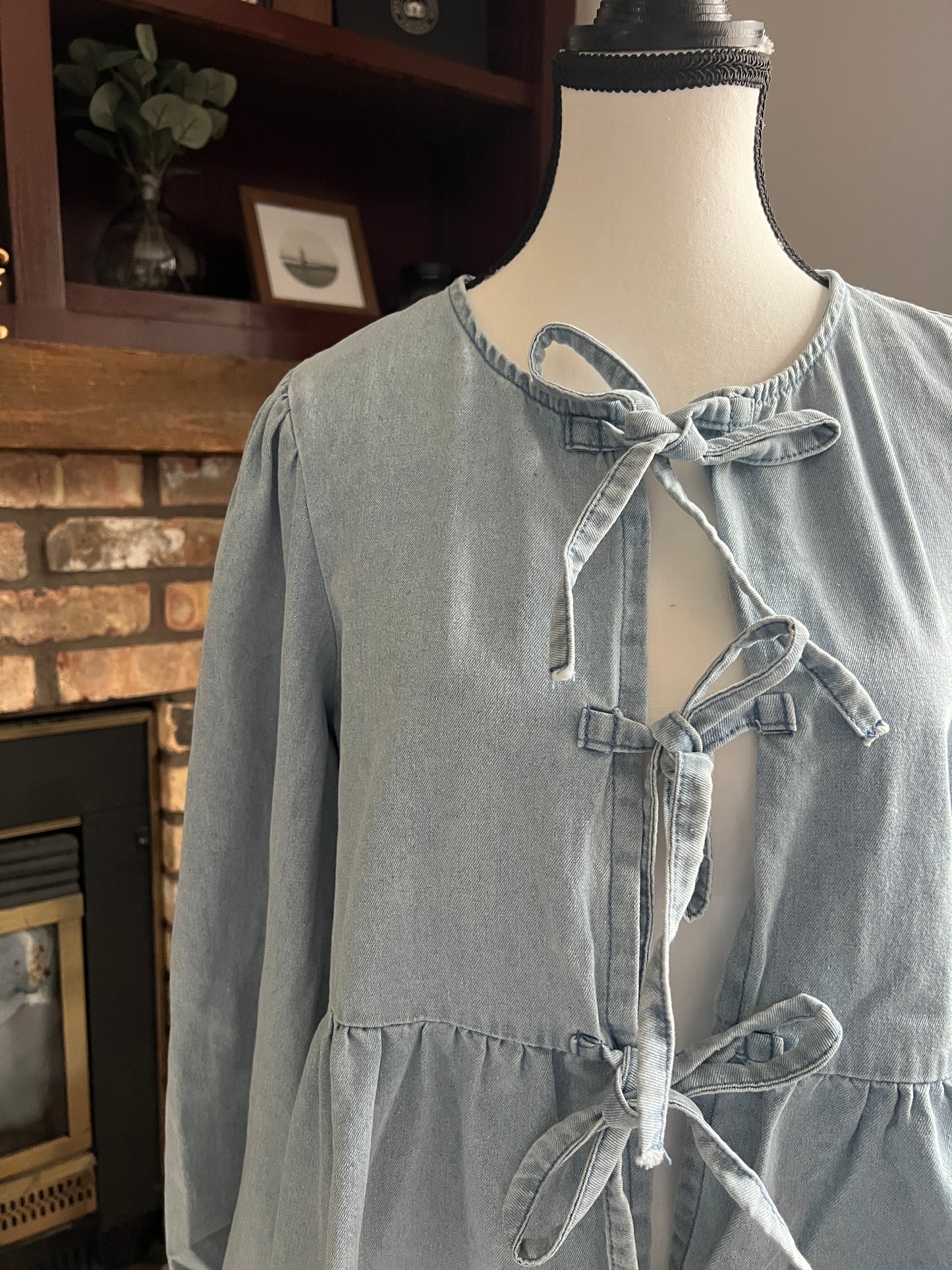 Bailey Light Wash Tie Front Peplum Blouse