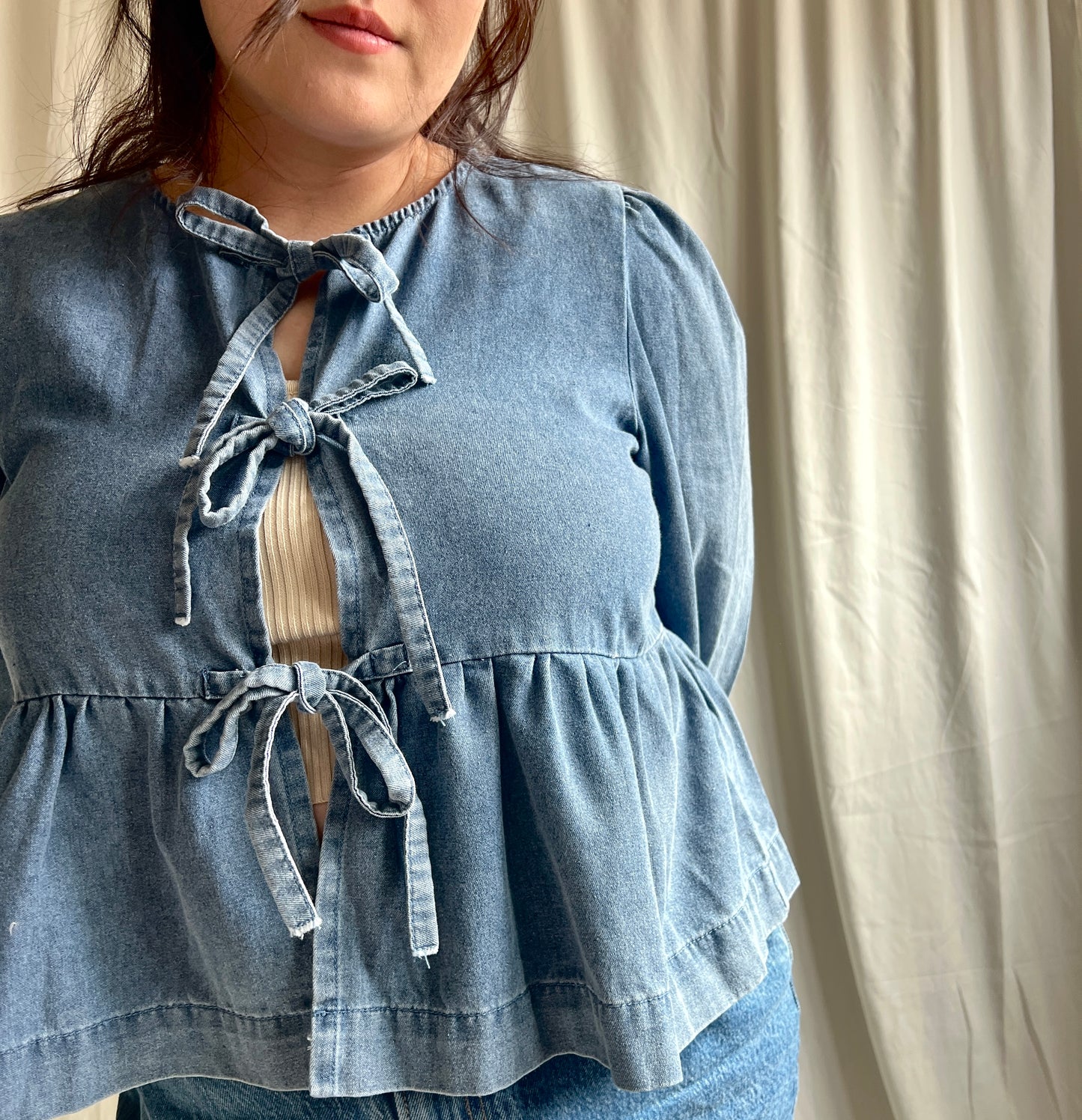 Bailey Medium Wash Tie Front Peplum Blouse