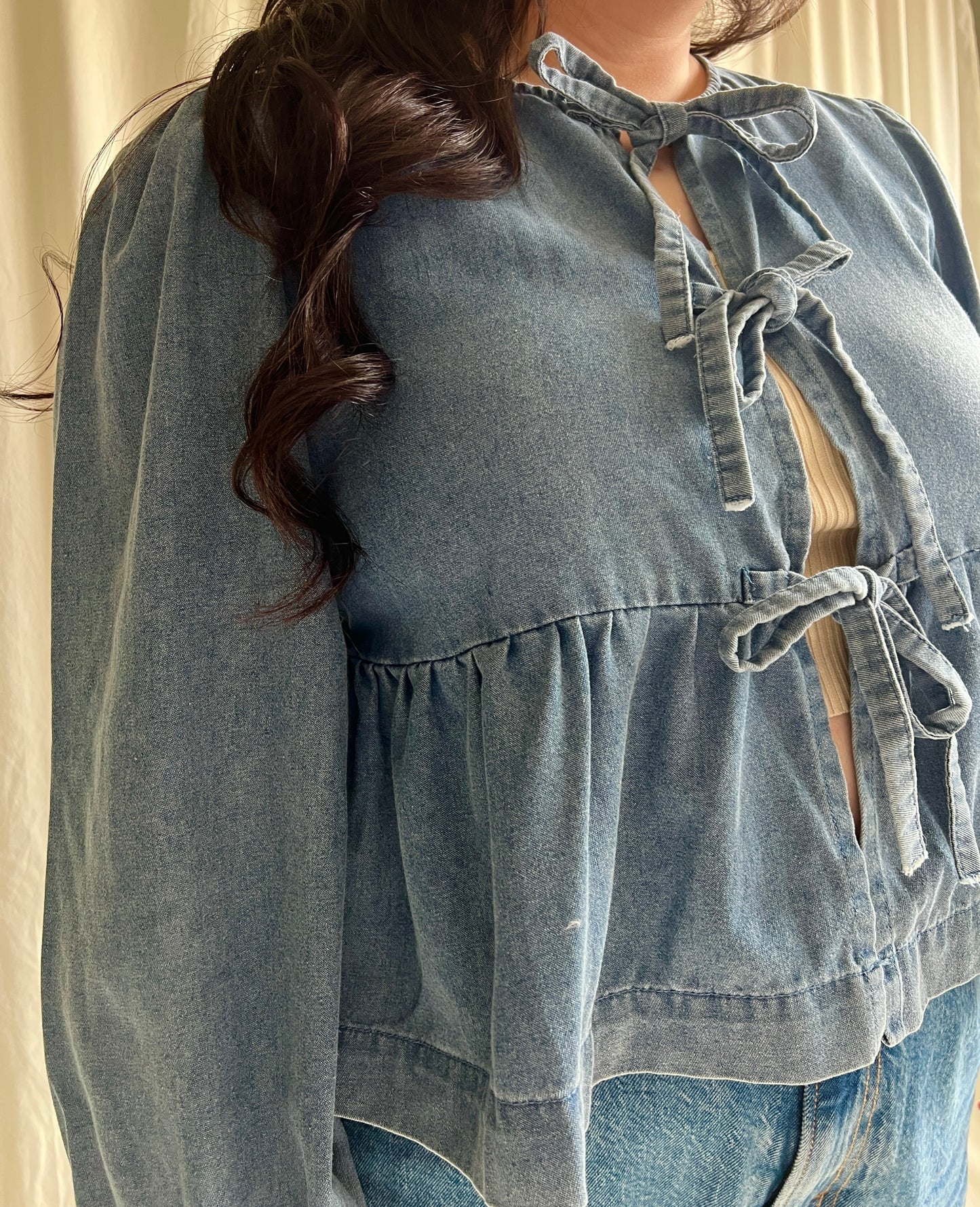 Bailey Medium Wash Tie Front Peplum Blouse